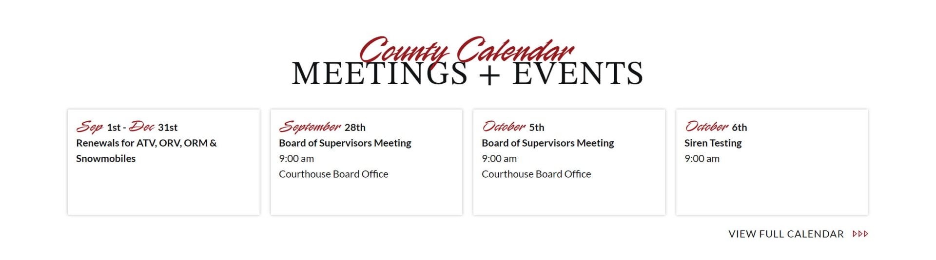 An events list on the homepage of the Ringgold County website, including off-road vehicle renewal reminders, board meetings, and siren testing events.