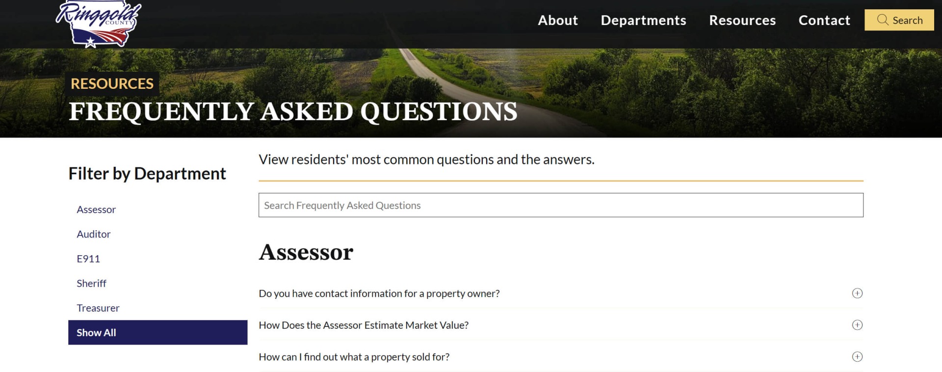 Ringgold County, Iowa, website's frequently asked questions page has a search feature and filters by county.